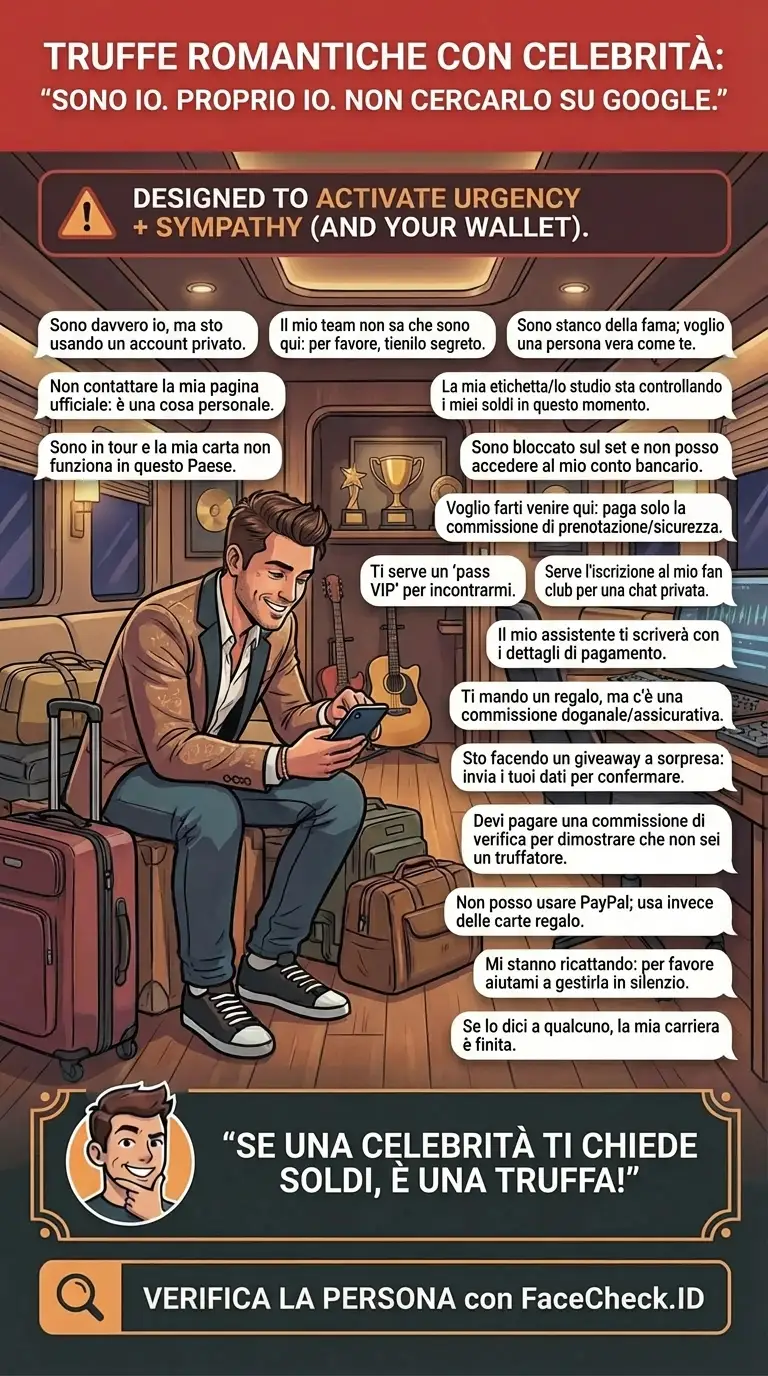 Infografica sulle truffe romantiche con celebrità e segnali d’allarme di impersonificazione