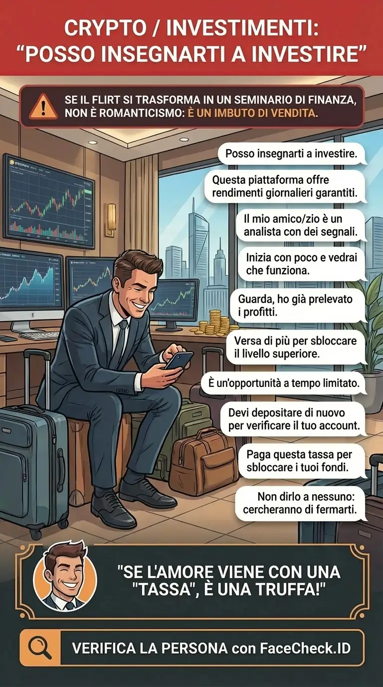 Infografica su avvisi di truffe crypto, consigli di prevenzione e schemi di frode comuni