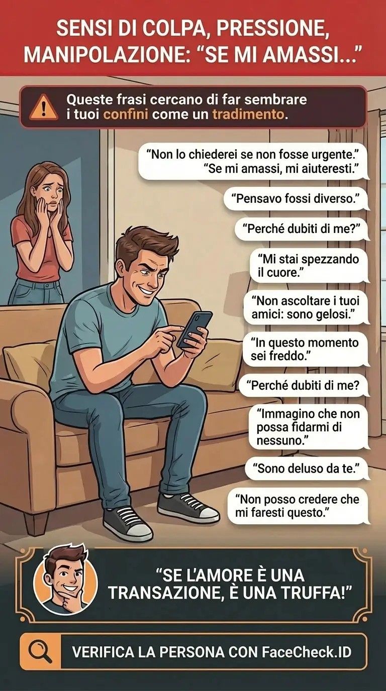 Infografica sulle tattiche di manipolazione emotiva e sui segnali di allarme nelle truffe online