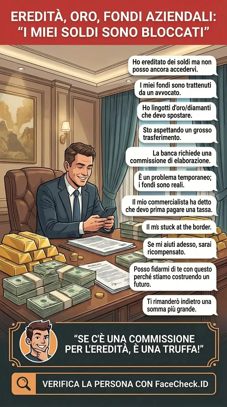 Infografica su truffe legate a eredità, oro e fondi aziendali in cui il denaro è “bloccato” e servono commissioni