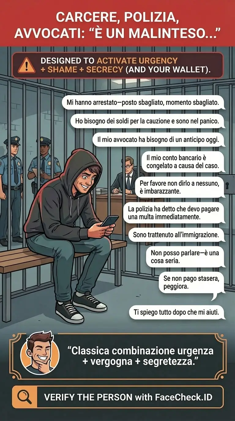 Infografica sulle truffe con carcere, polizia e avvocati usando l’urgenza e la segretezza di “è un malinteso”