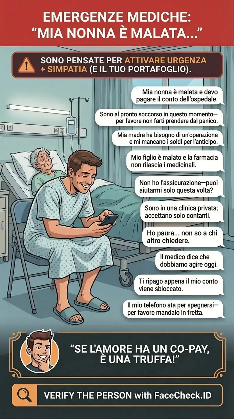Infografica che avverte sulle truffe di richieste di denaro per emergenze mediche “Mia nonna è malata…”