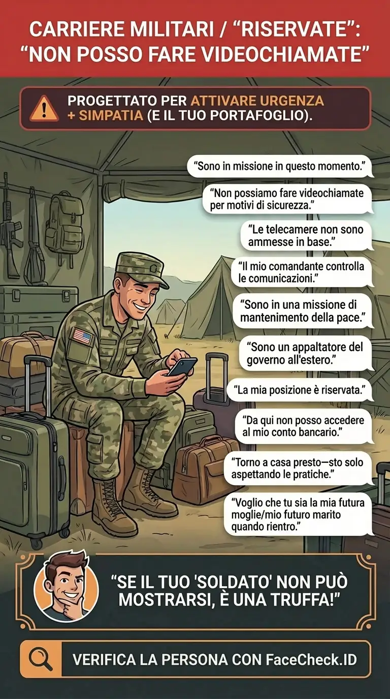 Infografica sulle truffe romantiche militari e sulle scuse “non posso fare videochiamate”