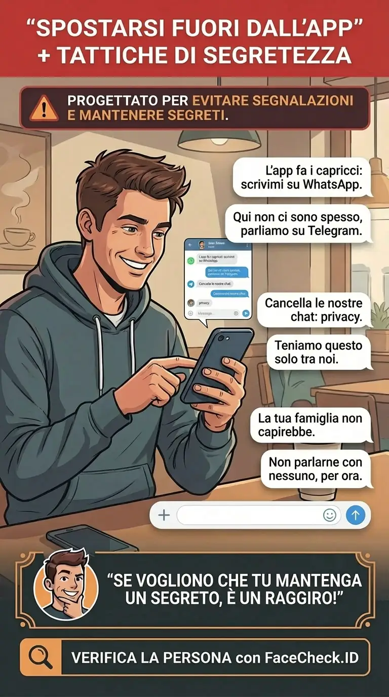Infografica sulle tattiche di segretezza “spostiamoci fuori dall’app” usate dai truffatori