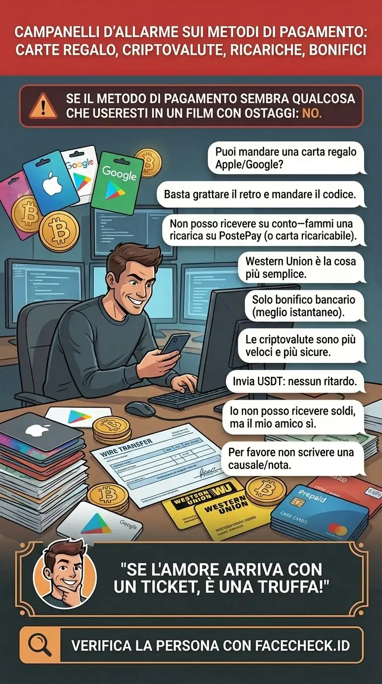 Infografica sui campanelli d’allarme dei metodi di pagamento come gift card, crypto e bonifici