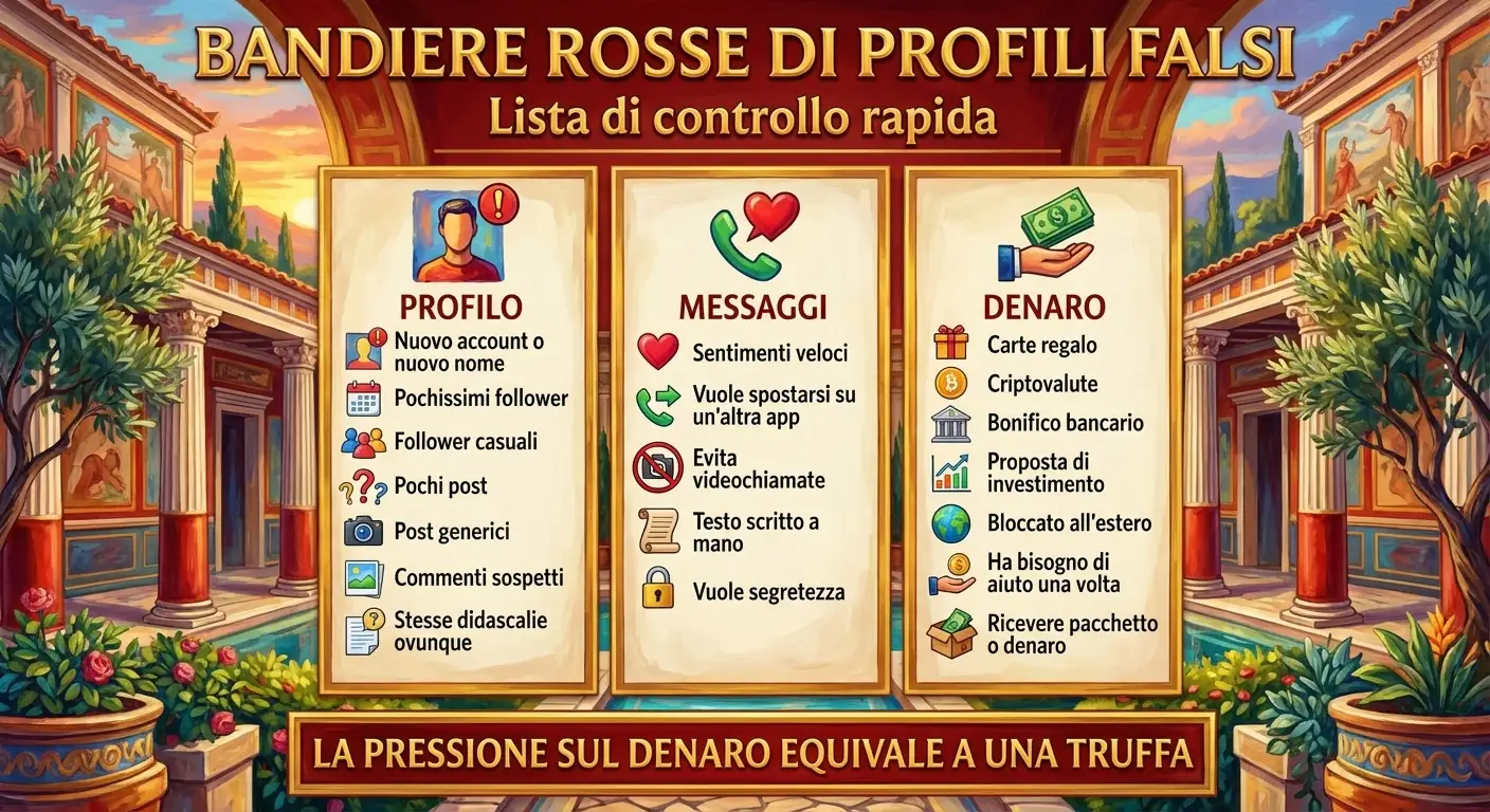 Infografica della checklist “Fake Profile Red Flags” che illustra segnali comuni di truffatori online relativi ai profili, ai comportamenti nei messaggi e alle richieste di denaro