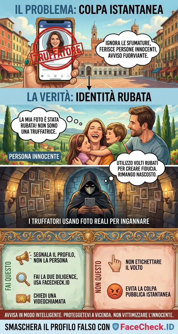 Grafica di avviso che ricorda agli utenti di segnalare l'impersonificazione ed evitare di accusare la persona nella foto rubata