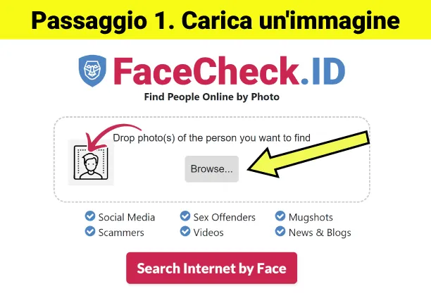 Vai a FaceCheck.ID e carica una foto di un volto