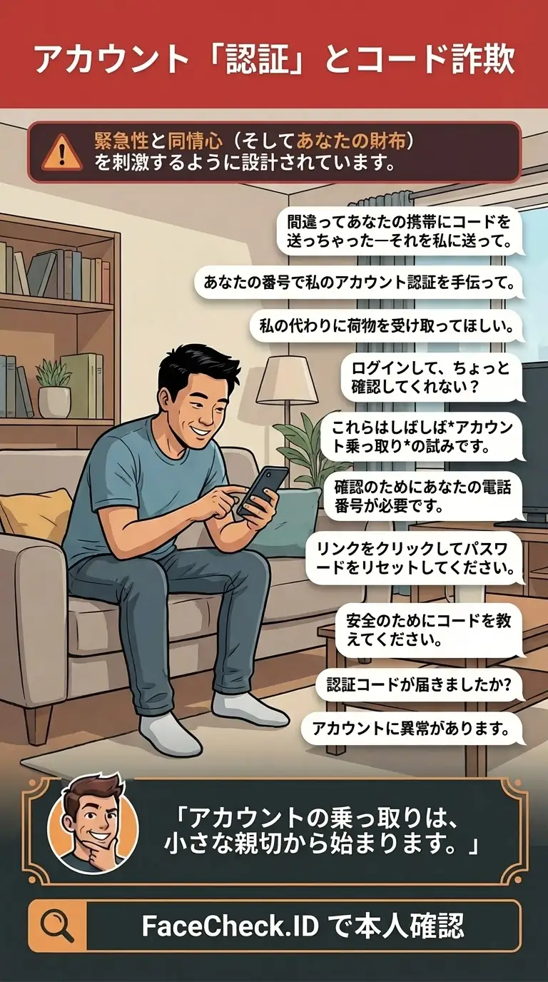 アカウント認証詐欺とワンタイムコードのトリックに関するインフォグラフィック