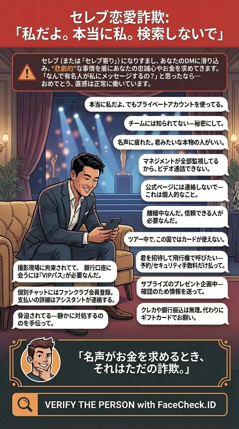 セレブ恋愛詐欺と成りすましの危険サインに関するインフォグラフィック