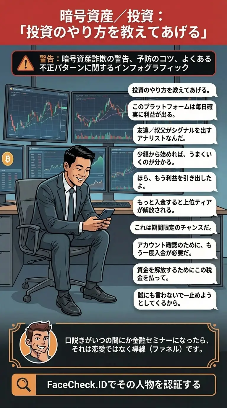 暗号資産詐欺の警告、予防のコツ、よくある不正パターンに関するインフォグラフィック