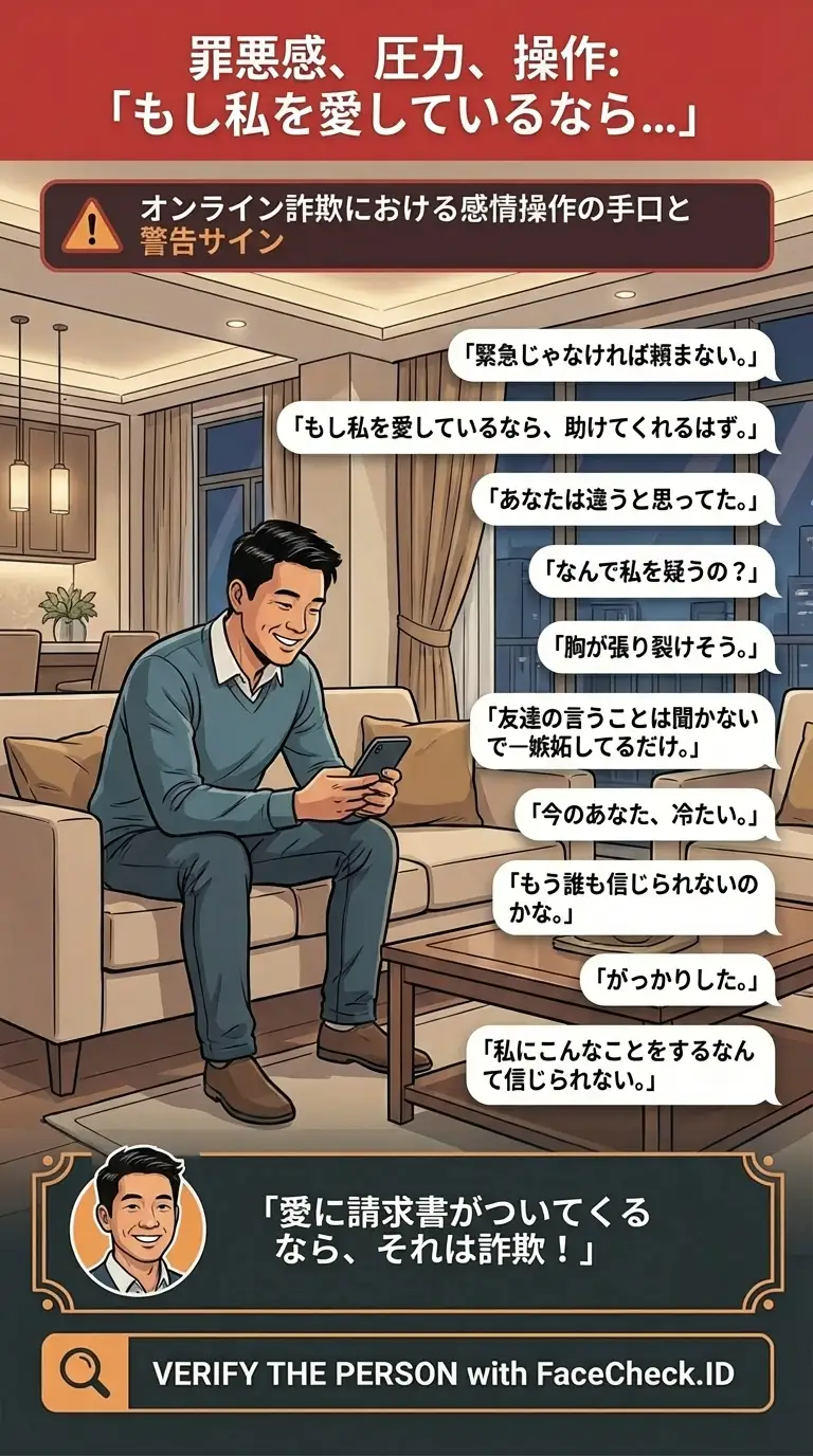 オンライン詐欺における感情操作の手口と警告サインに関するインフォグラフィック