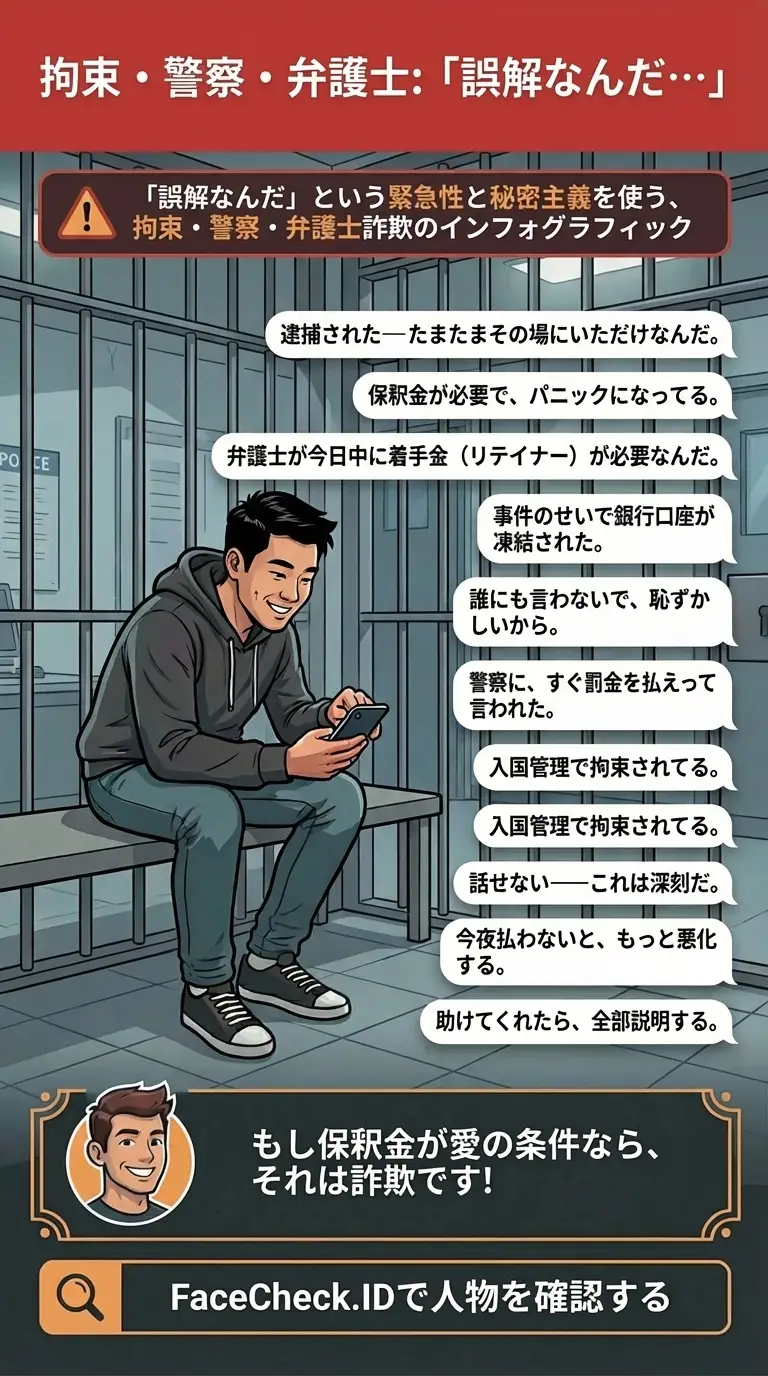 「誤解なんだ」という緊急性と秘密主義を使う、拘束・警察・弁護士詐欺のインフォグラフィック
