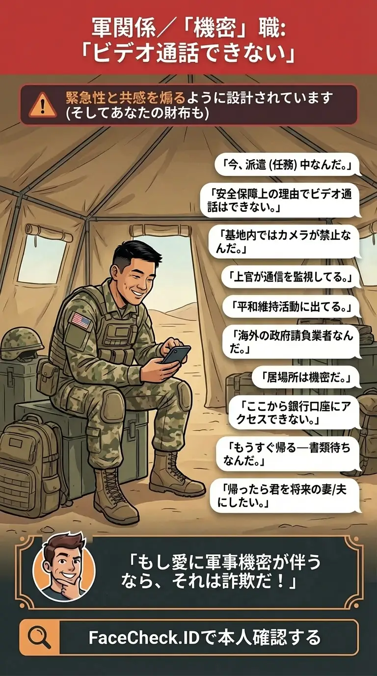 軍人を装うロマンス詐欺と「ビデオ通話できない」言い訳のインフォグラフィック