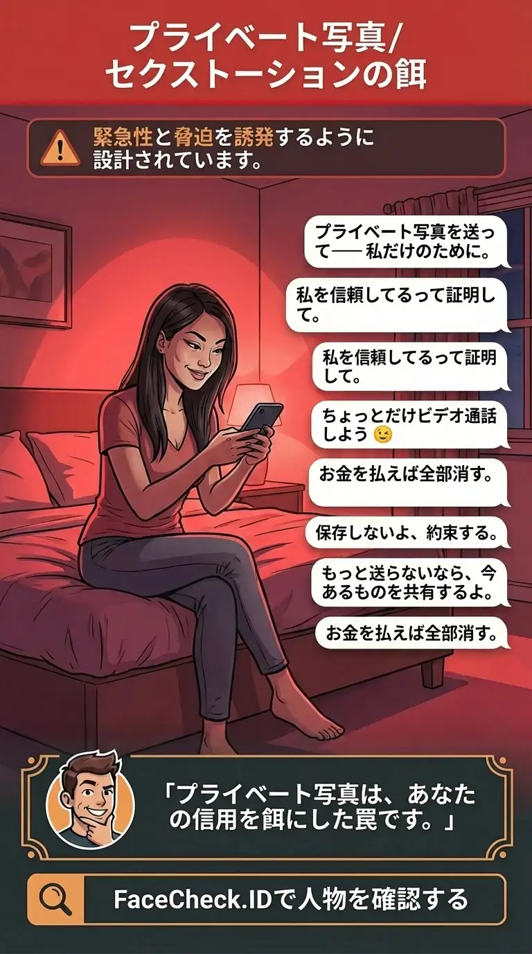 プライベート写真の餌とセクストーション詐欺の手口に関するインフォグラフィック