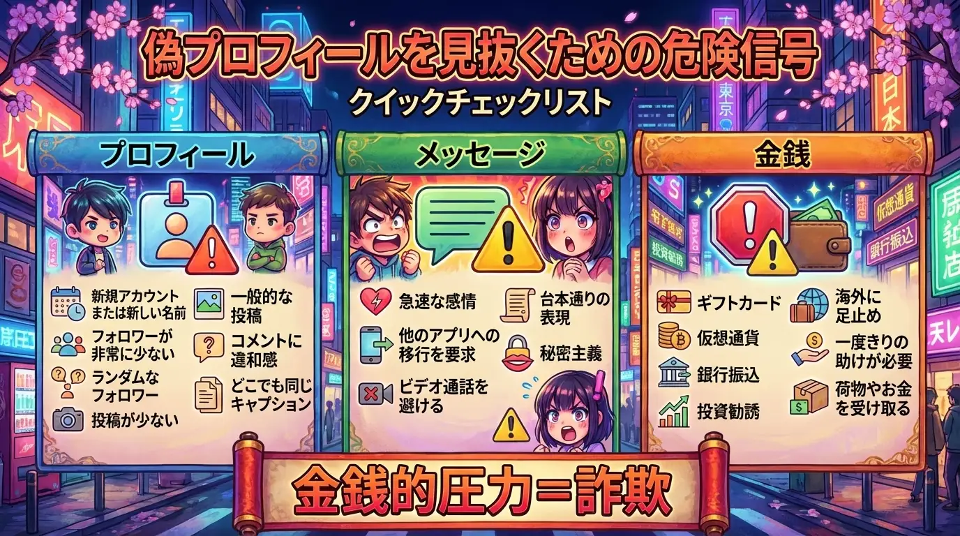 偽プロフィールの危険サインのチェックリストのインフォグラフィック。プロフィール、メッセージの振る舞い、金銭要求に関するオンライン詐欺師の典型的な兆候を示す