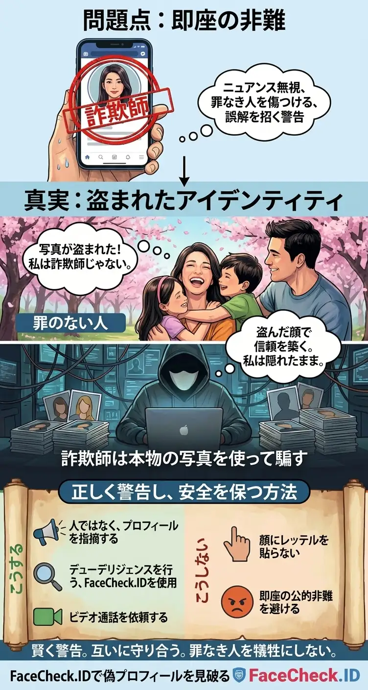 なりすましの通報と、盗用写真の本人を非難しないよう促す警告グラフィック