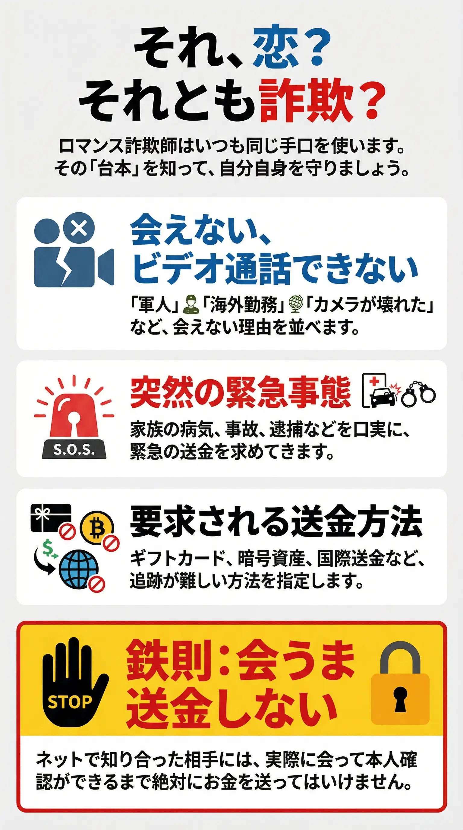 出会い系チャットでよくあるロマンス詐欺師の常套句を示すイラスト。言い訳、緊急性、支払い要求が強調されている