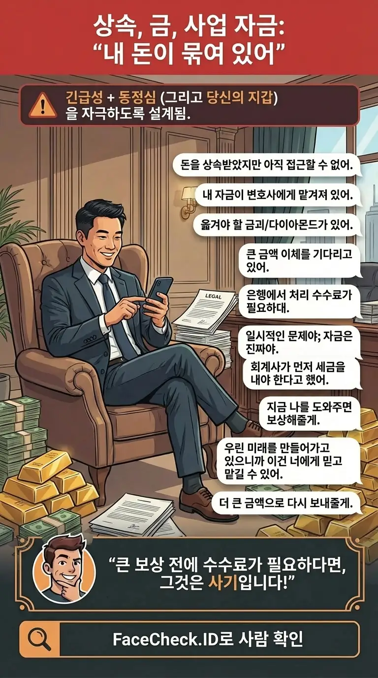 상속, 금, 사업 자금 사기에서 돈이 “묶여” 있고 수수료가 필요하다는 내용의 인포그래픽