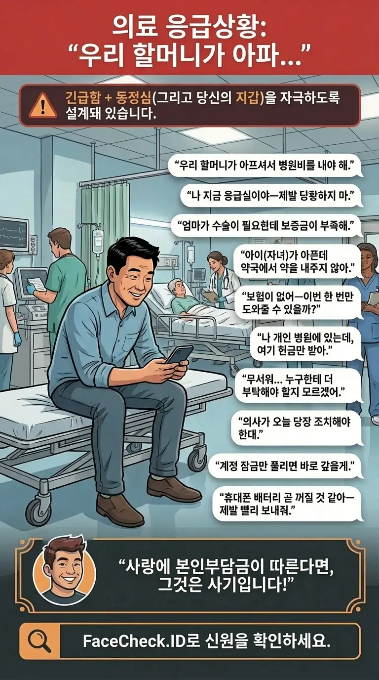 “우리 할머니가 아파…” 같은 의료 응급상황 돈 요청 사기에 대한 경고 인포그래픽