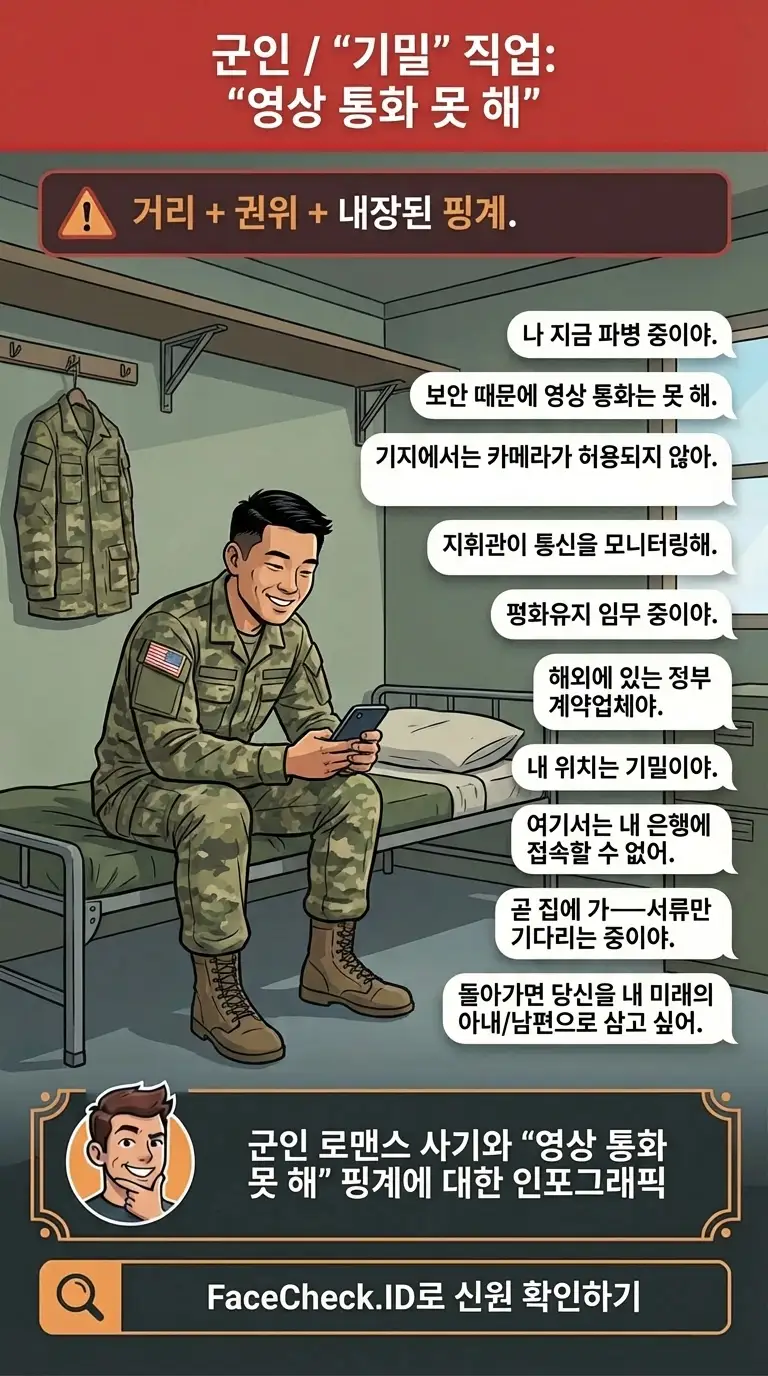 군인 로맨스 사기와 “영상 통화 못 해” 핑계에 대한 인포그래픽