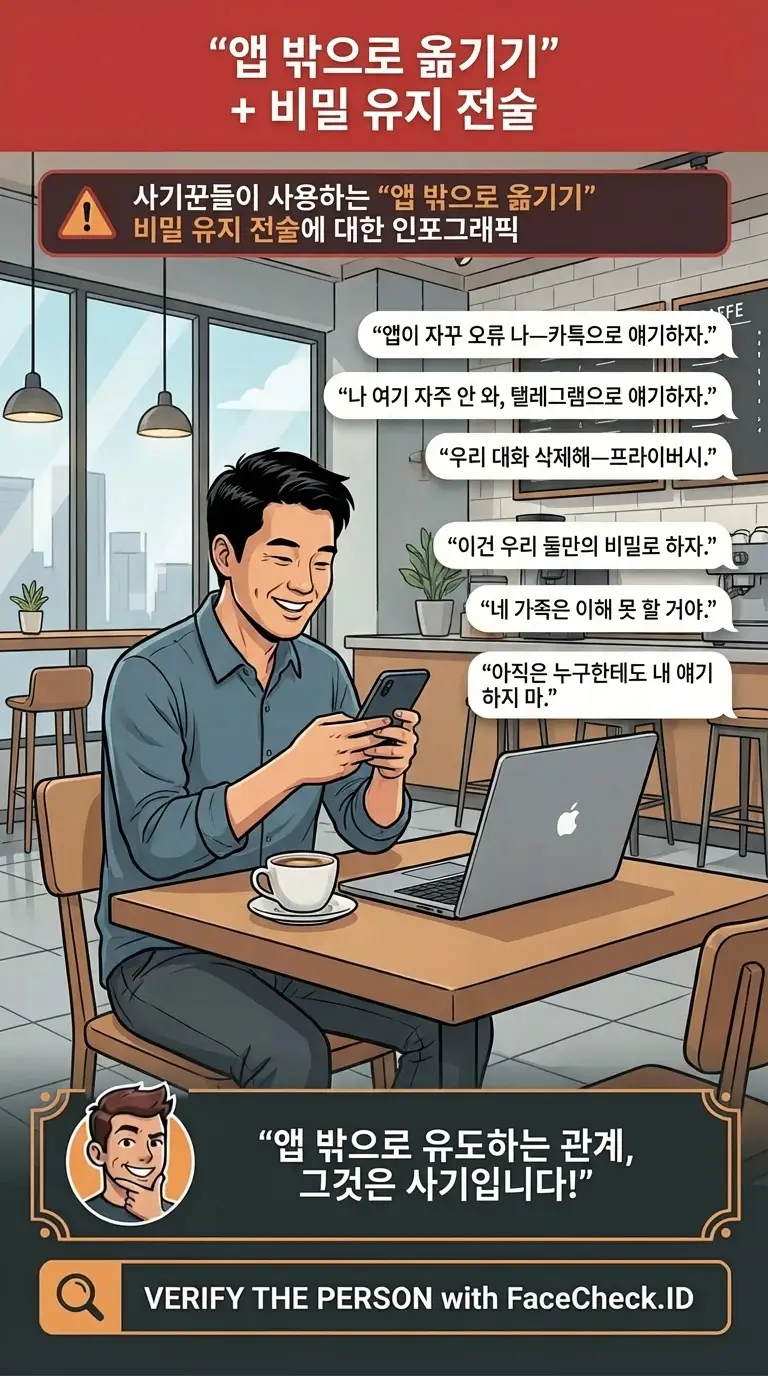 사기꾼들이 사용하는 “앱 밖으로 옮기기” 비밀 유지 전술에 대한 인포그래픽