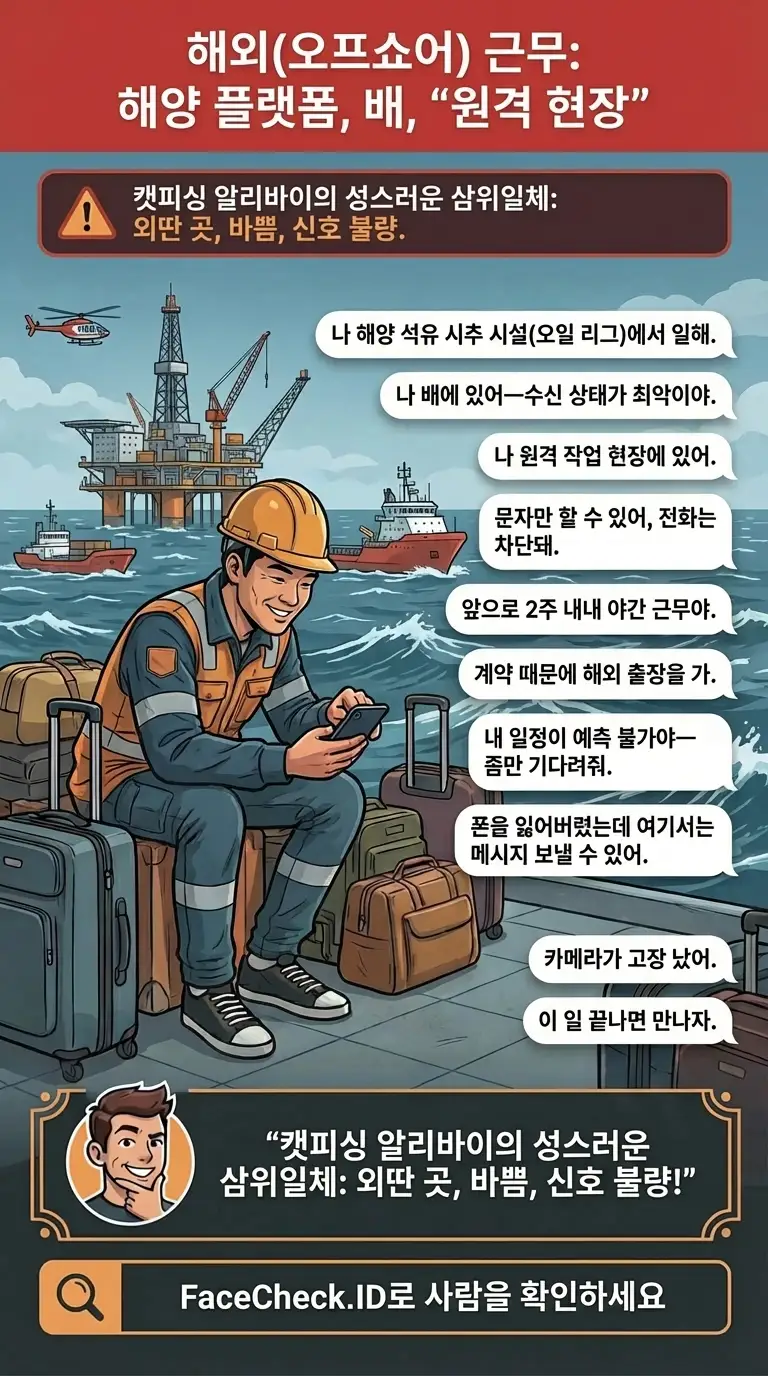 해양 플랫폼, 배, 원격 현장, 신호 불량 핑계 같은 오프쇼어 근무 메기로(캣피싱) 알리바이에 대한 인포그래픽