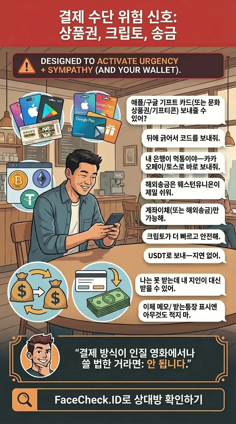 기프트 카드, 크립토, 전신 송금 같은 결제 수단 위험 신호에 대한 인포그래픽