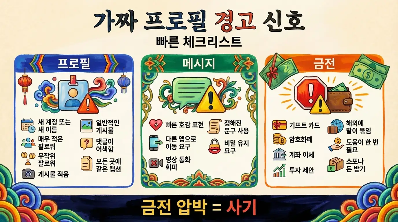 프로필, 메시징 행동, 금전 요구와 관련된 온라인 사기꾼의 흔한 징후를 보여주는 ‘가짜 프로필 경고 신호’ 체크리스트 인포그래픽