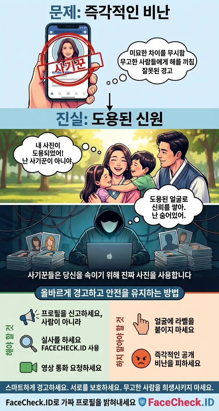 도용된 사진 속 사람을 обвин하지 말고 사칭을 신고하라고 사용자에게 상기시키는 경고 그래픽