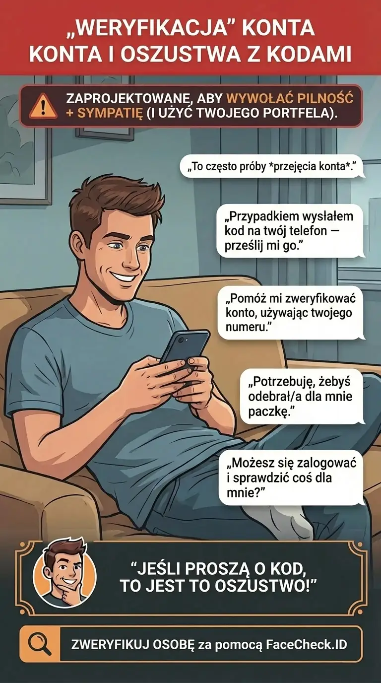 Infografika o oszustwach związanych z weryfikacją konta i sztuczkach z jednorazowymi kodami