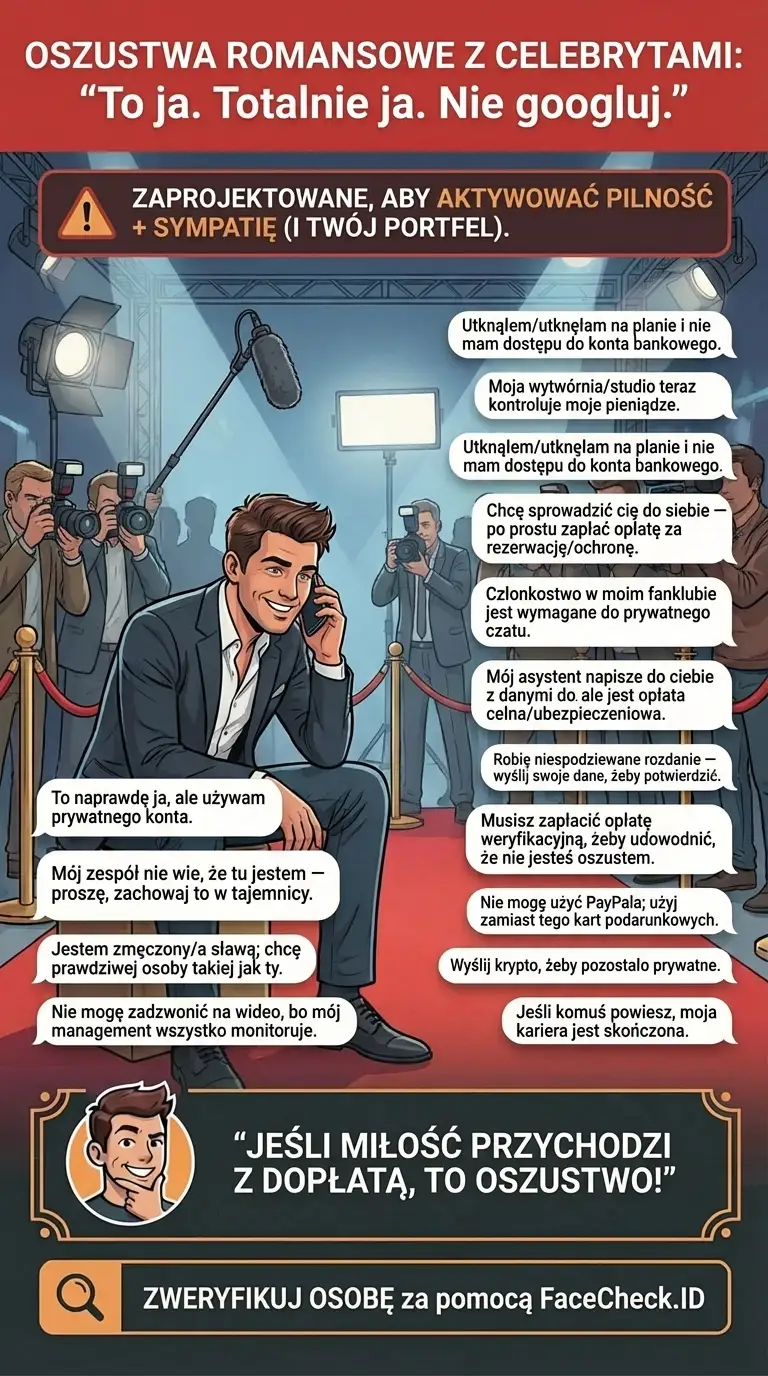 Infografika o oszustwach romansowych z celebrytami i czerwonych flagach podszywania się