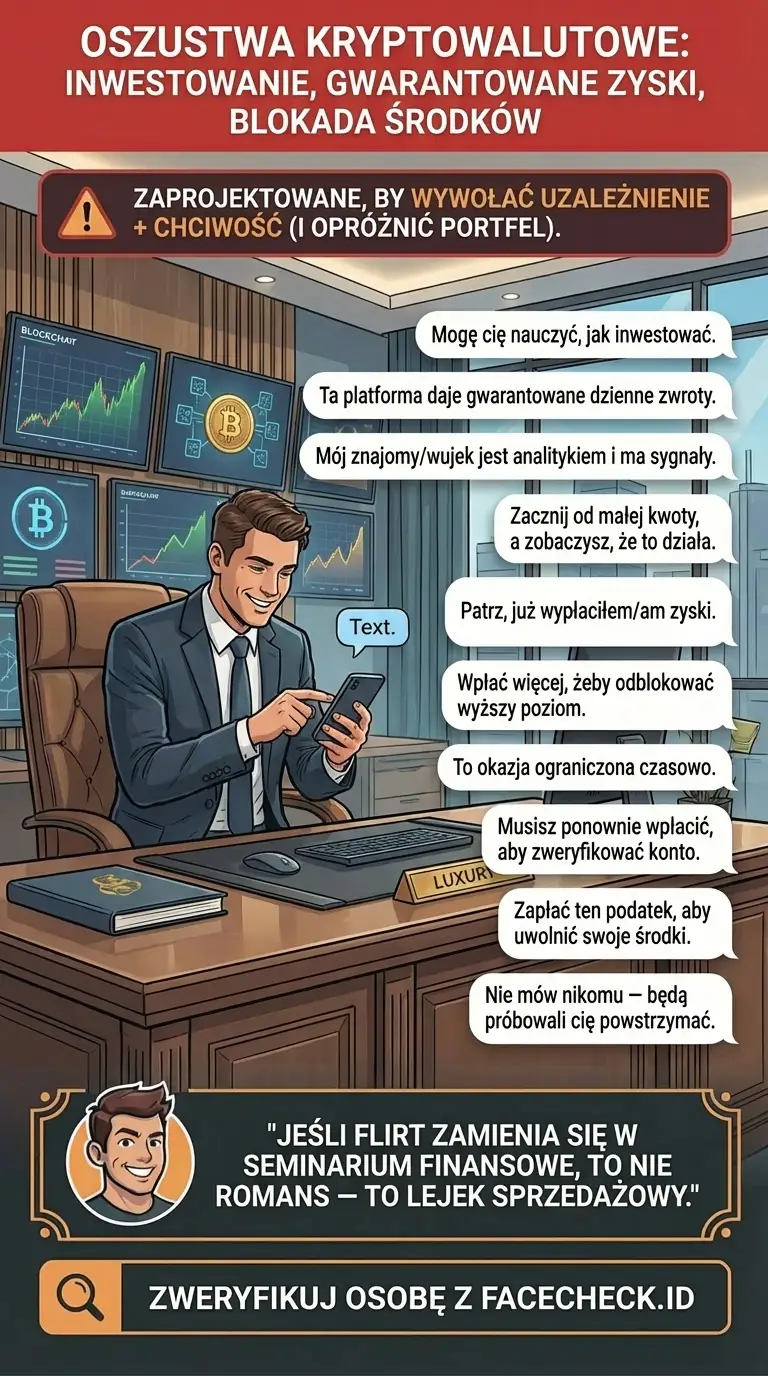 Infografika o ostrzeżeniach przed oszustwami krypto, wskazówkach zapobiegania i typowych schematach fraudów