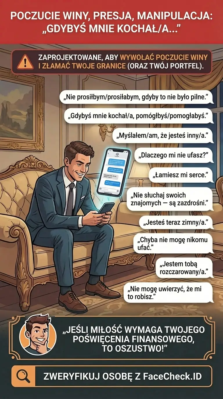 Infografika o taktykach manipulacji emocjonalnej i oznakach ostrzegawczych w oszustwach online
