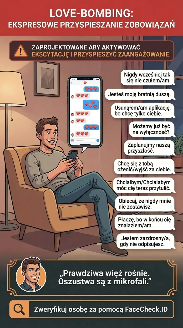 Infografika o oznakach love-bombingu pokazywanych przez czaty cyfrowe i wzorce wiadomości