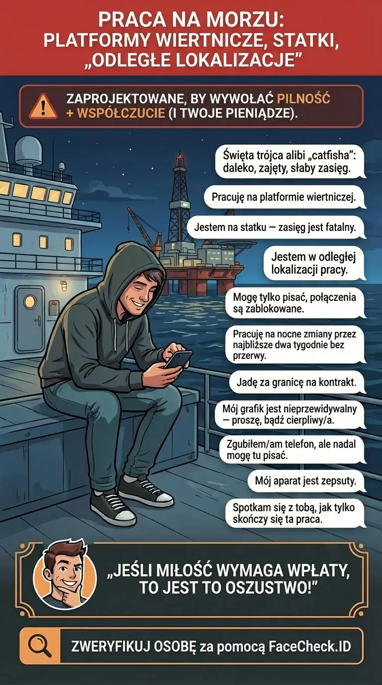 Infografika o wymówkach kociarzy z pracą na morzu: platformy wiertnicze, statki, odległe miejsca i słaby zasięg