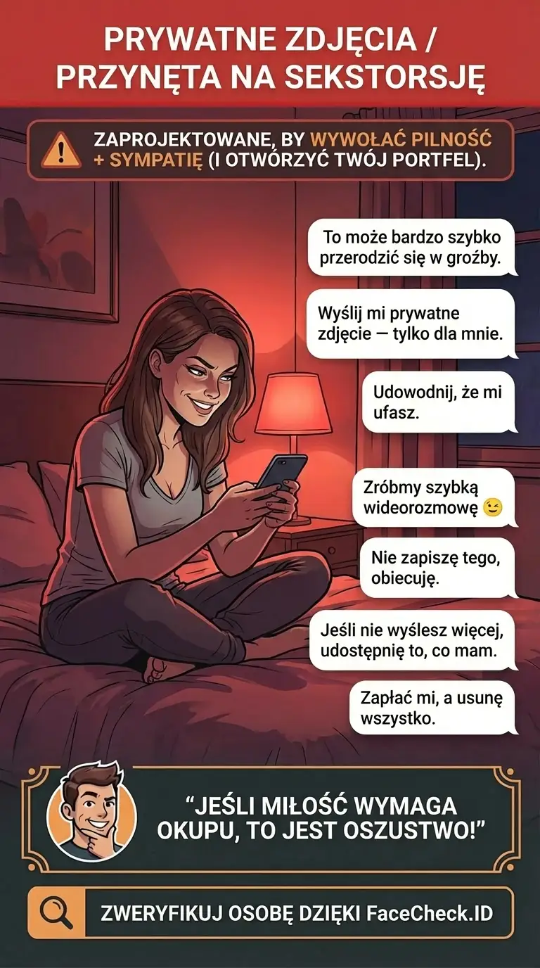 Infografika o przynęcie na prywatne zdjęcia i taktykach oszustw sekstorsyjnych