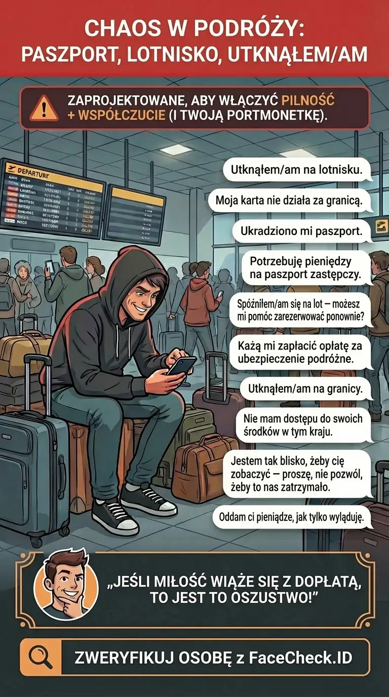 Infografika o oszustwach podróżnych i fałszywych opłatach, „awariach” oraz prośbach o płatność na ostatnią chwilę