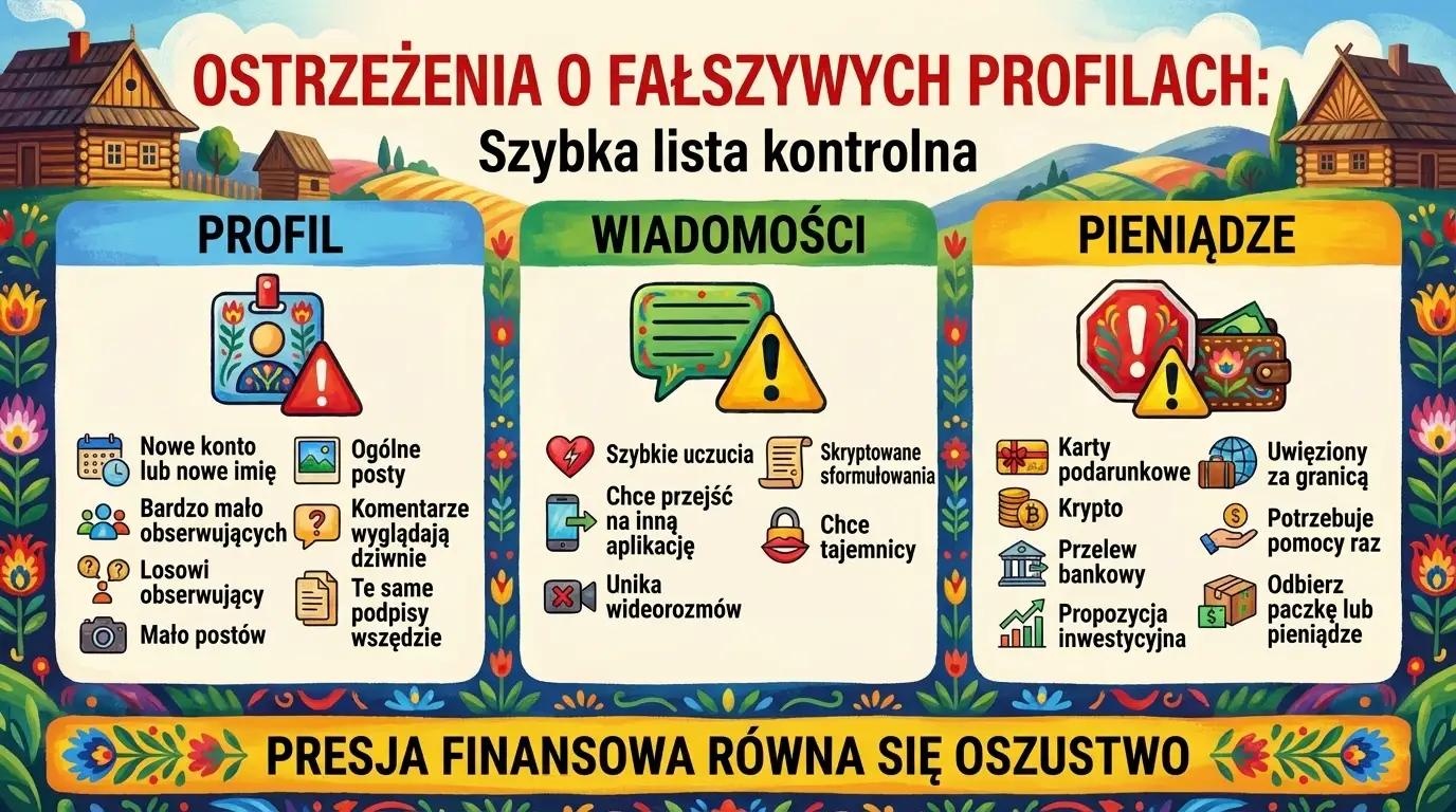 Infografika z listą kontrolną „Czerwone flagi fałszywego profilu”, przedstawiająca typowe oznaki internetowych oszustów związane z profilami, zachowaniem w wiadomościach i prośbami o pieniądze