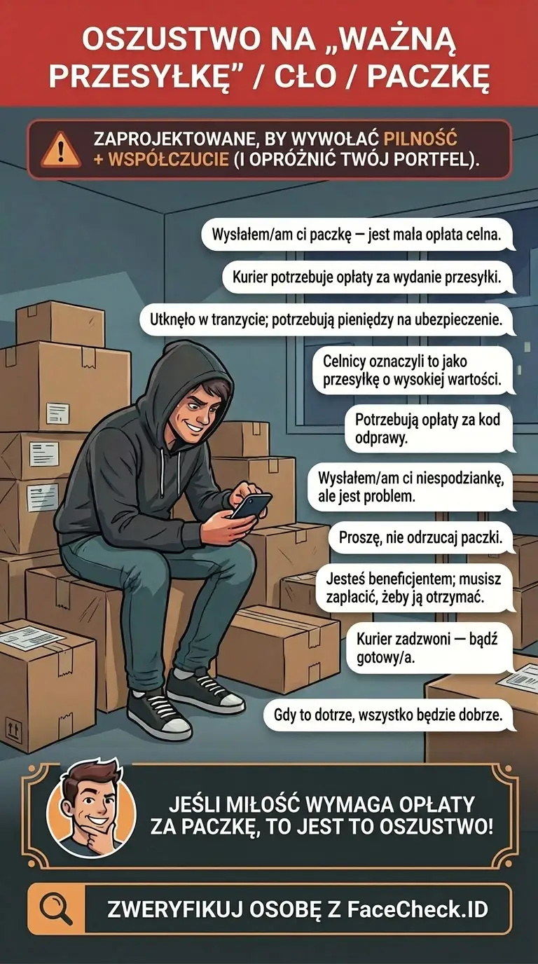Infografika o oszustwach na „ważną przesyłkę” z cłem i paczkami, wymagających pilnej płatności