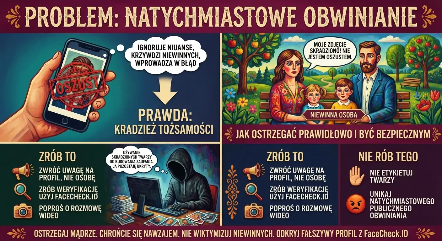 Grafika ostrzegawcza przypominająca użytkownikom, by zgłaszać podszywanie się i unikać oskarżania osoby ze skradzionego zdjęcia