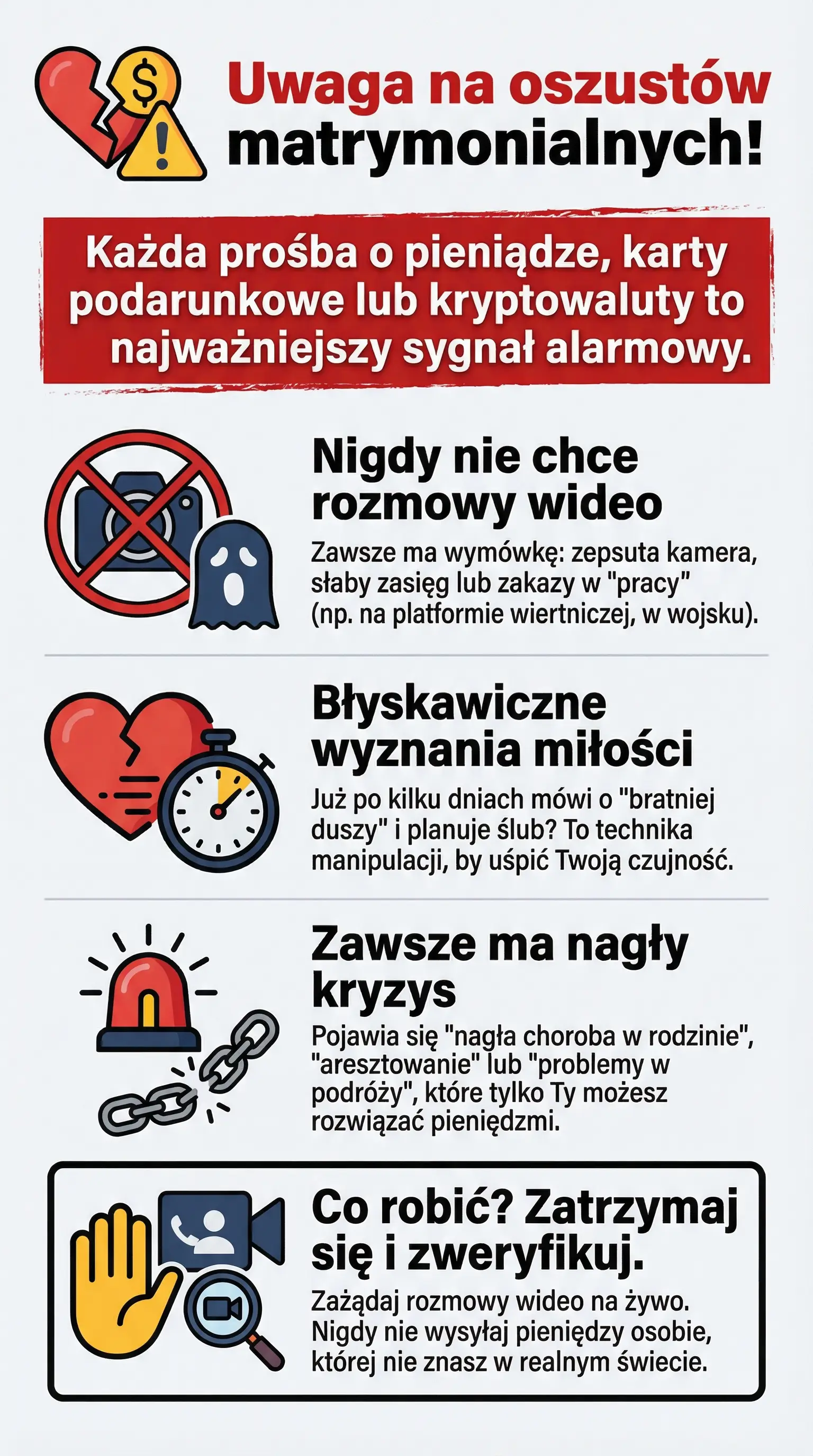 Ilustracja typowych tekstów oszustów romantycznych w czacie randkowym, podkreślająca wymówki, presję czasu i prośby o płatność
