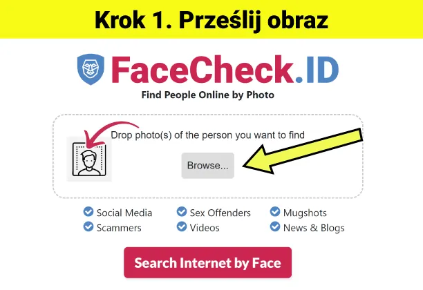Przejdź do FaceCheck.ID i przeslij zdjęcie twarzy