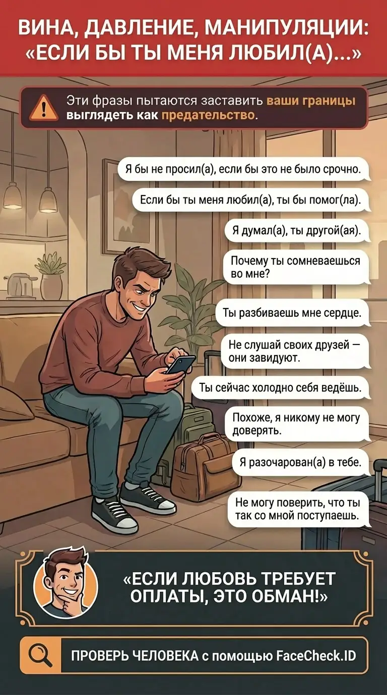 Инфографика об тактиках эмоциональной манипуляции и тревожных признаках в онлайн-мошенничестве