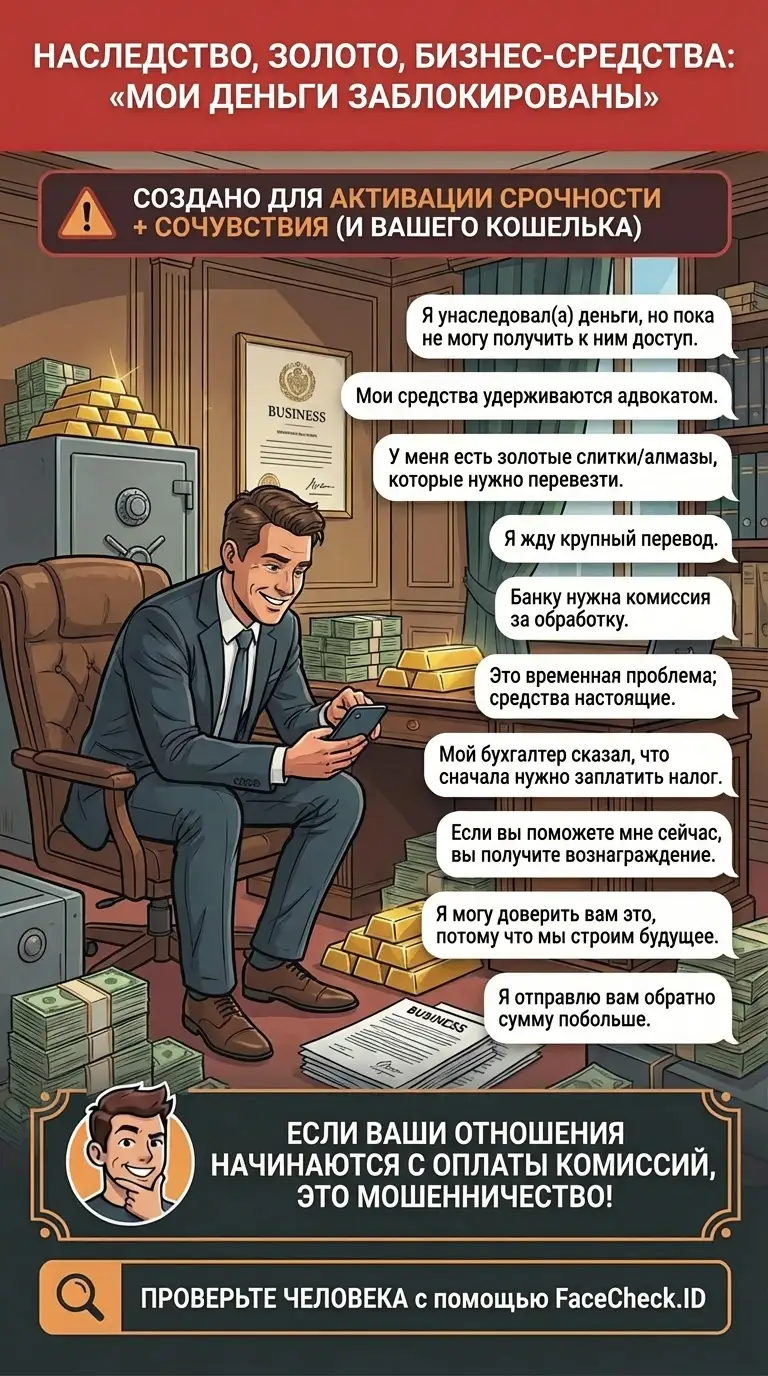 Инфографика о мошенничестве с наследством, золотом и бизнес-средствами, где деньги «заблокированы» и нужны комиссии