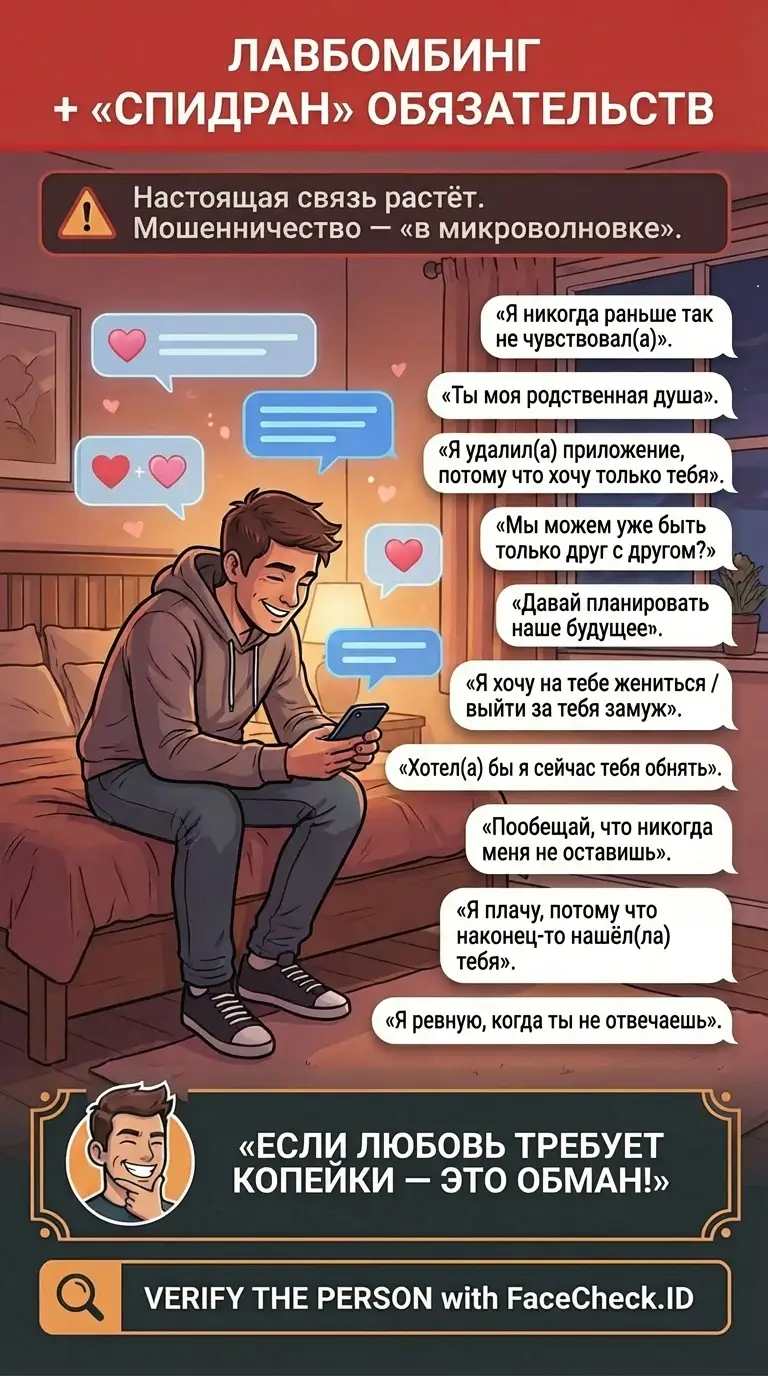 Инфографика о признаках лавбомбинга, показанных через цифровые чаты и шаблоны переписки