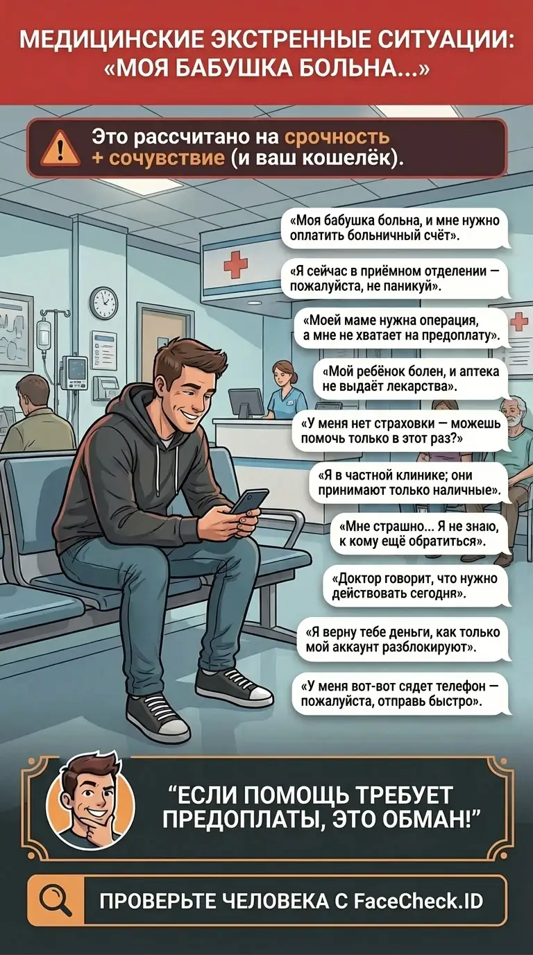 Инфографика с предупреждением о денежных мошенничествах под предлогом медицинской экстренной ситуации «Моя бабушка больна…»