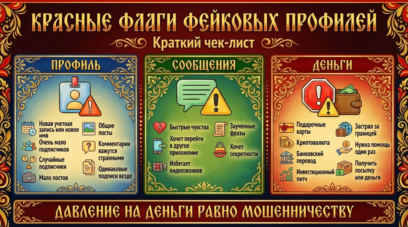 Инфографика чек-листа «Красные флаги фейкового профиля», иллюстрирующая распространённые признаки онлайн-мошенников, связанные с профилями, поведением в переписке и финансовыми запросами