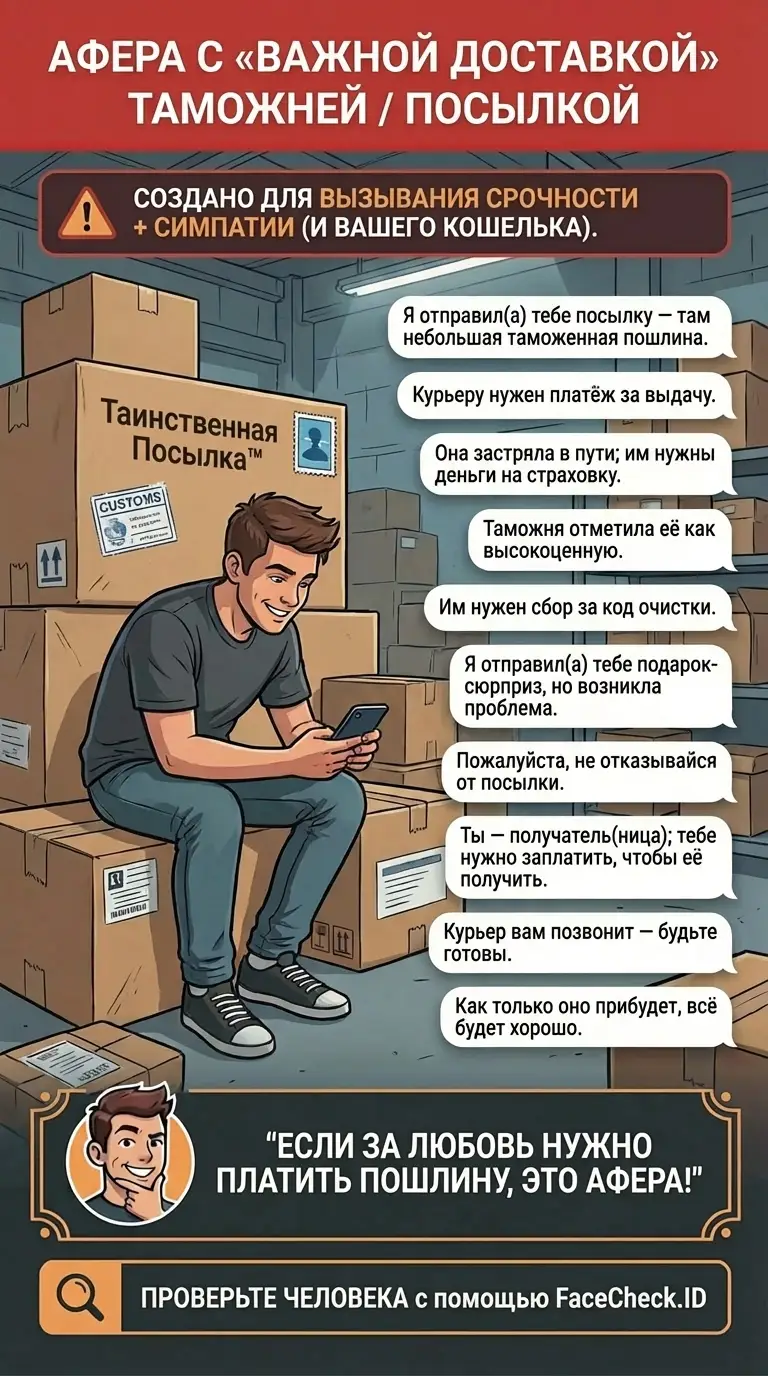 Инфографика об аферах с «важной доставкой», таможней и посылками, требующих срочной оплаты