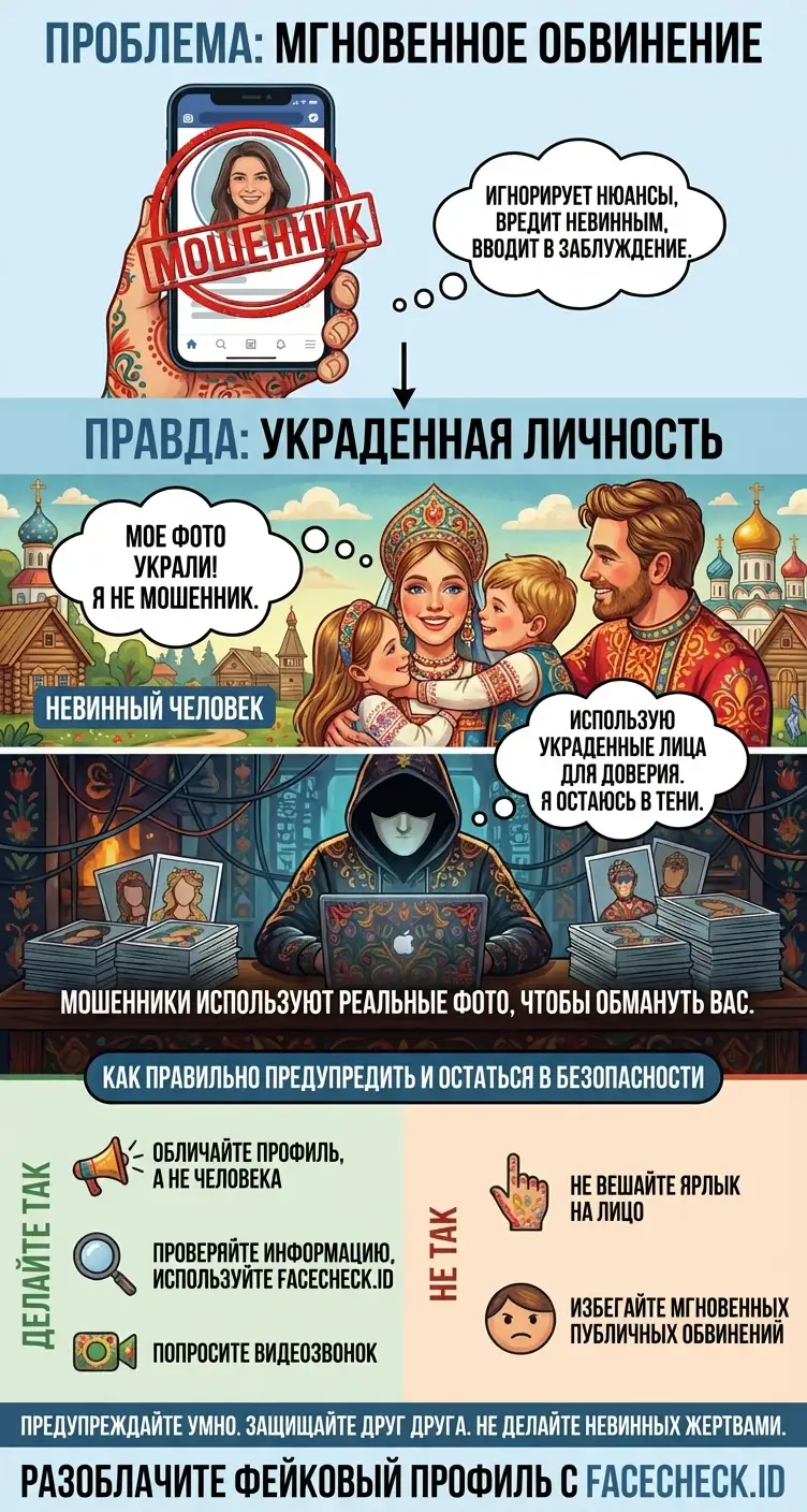 Предупреждающая графика, напоминающая пользователям сообщать о выдаче себя за другого и не обвинять человека на украденном фото